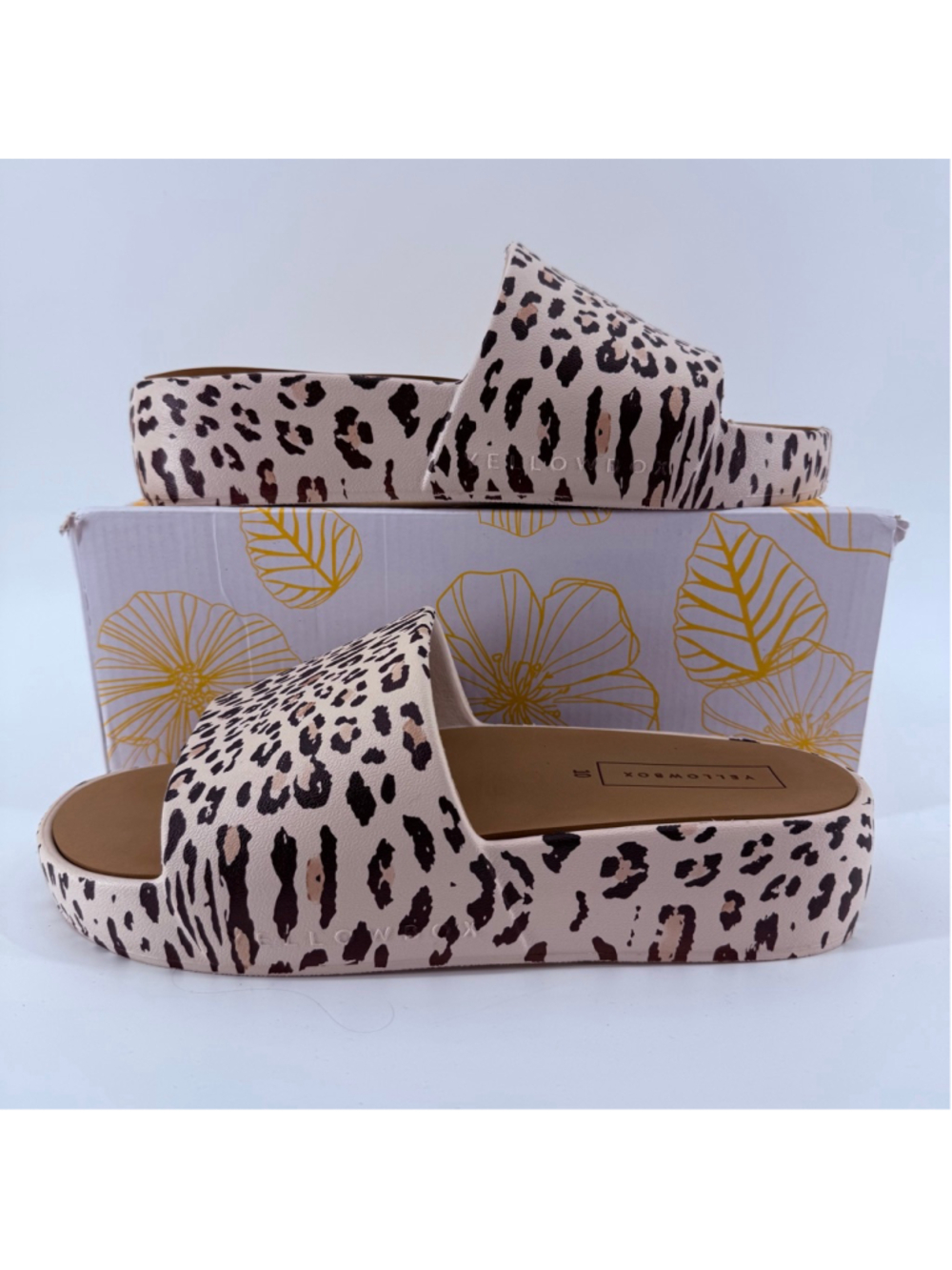 Yellow Box Beige and Dark Brown Leopard Print Platform Slide Sandals